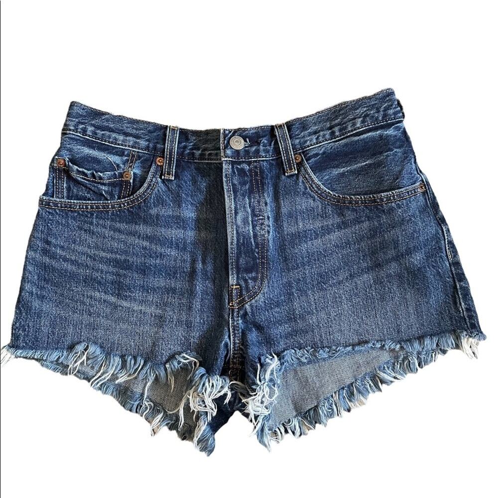 Levis 501 JEAN SHORTS Womens 30 Dark Wash Denim Mid Rise Button Fly Cut Off Sexy